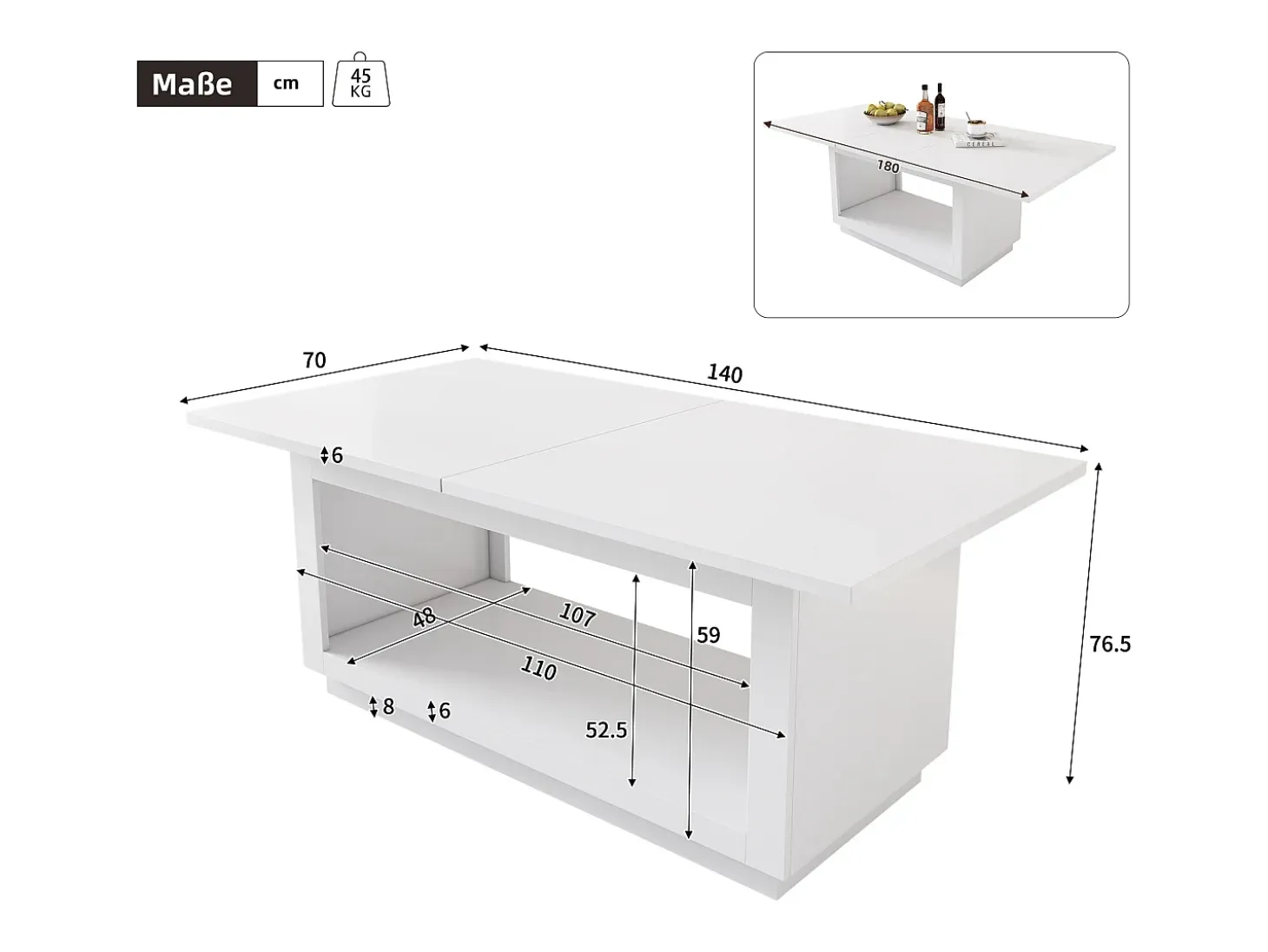 Mesa de comedor rectangular blanco - Mesa de comedor con almacenaje - tablero extensible - para comedor y salón