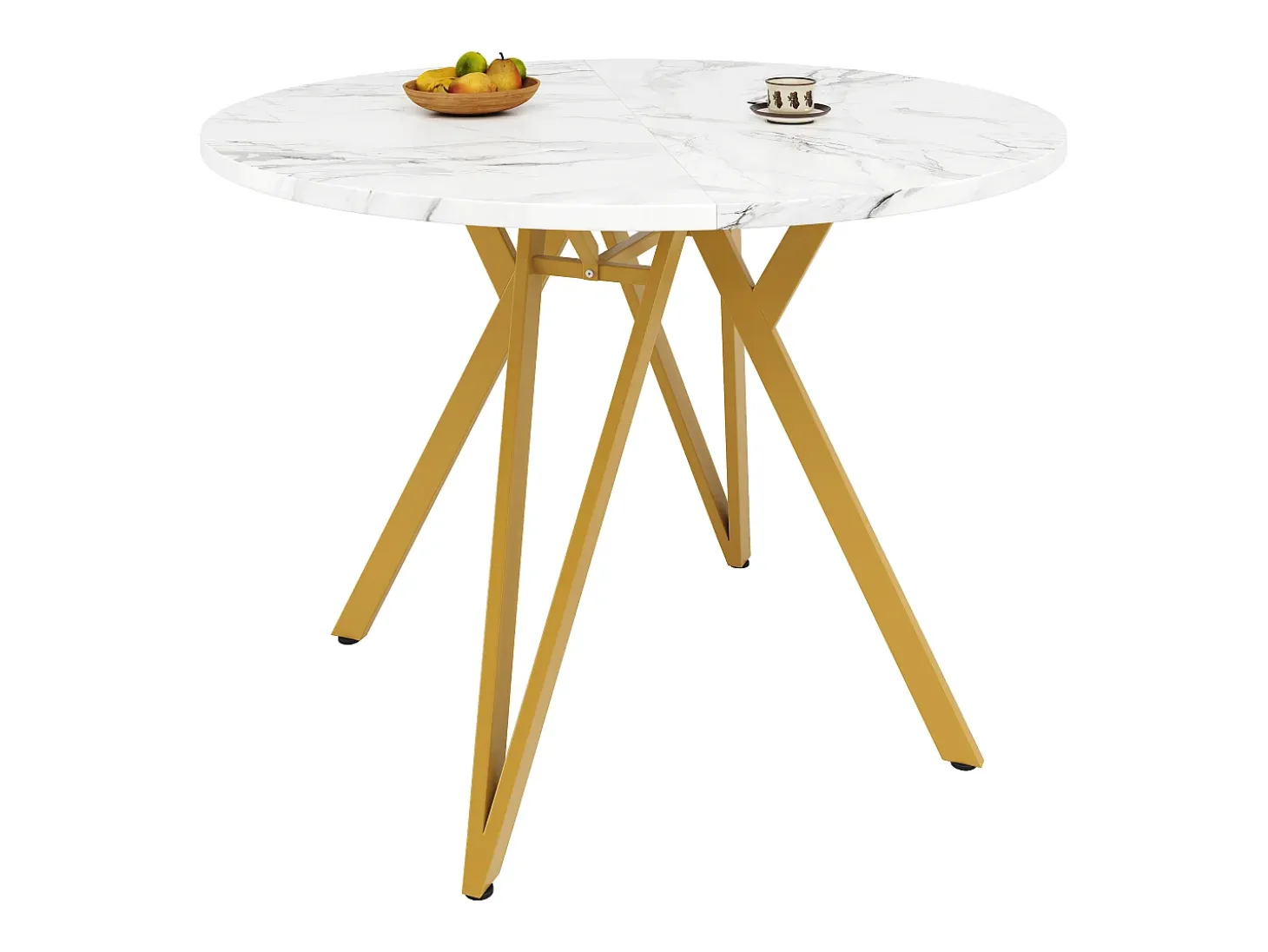Mesa de comedor redonda - Estructura de metal - Chapado con diseño de mármol - 4 personas - MDF - Blanco y Dorado