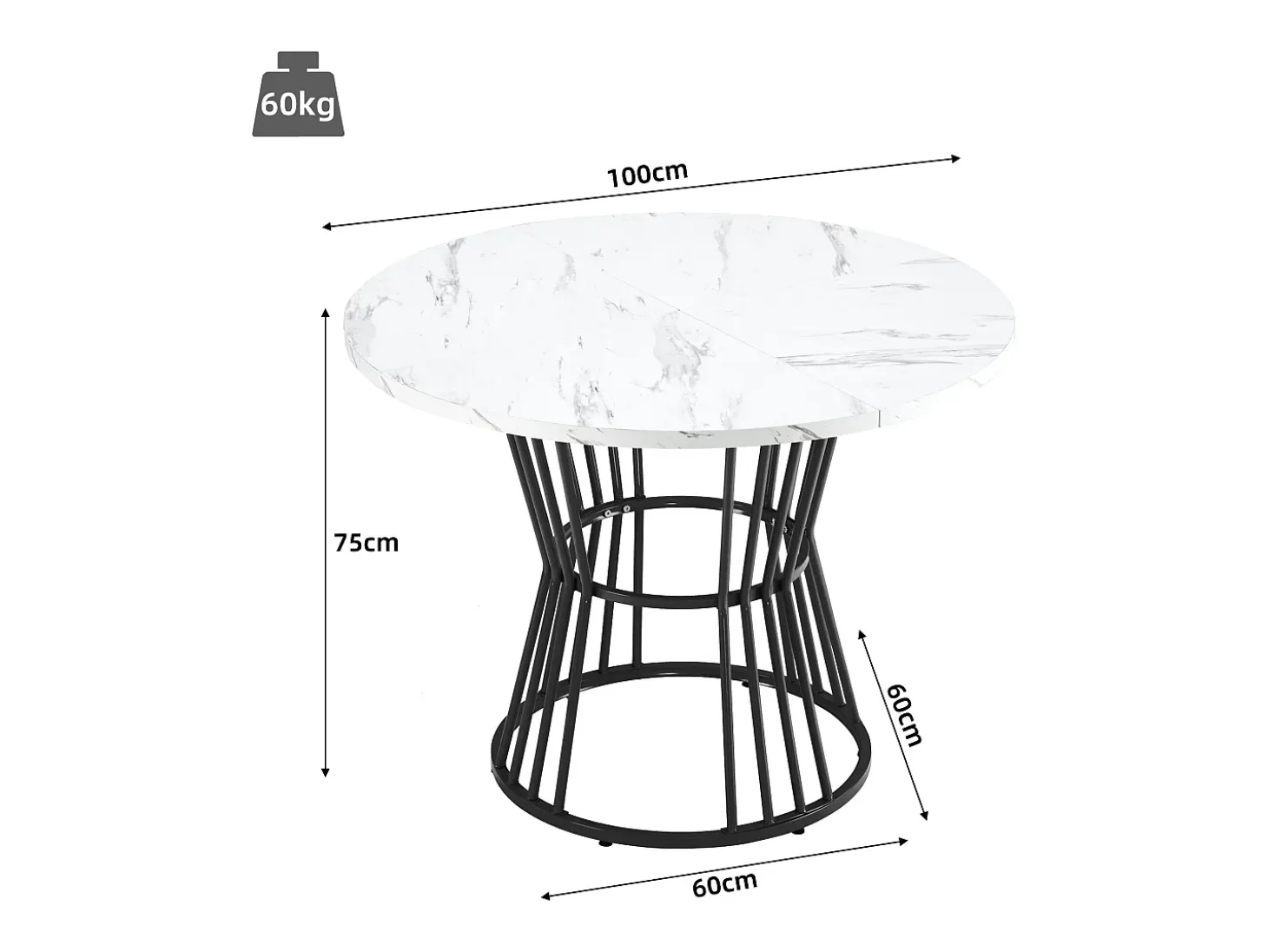Mesa de comedor redonda - estructura de metal - chapa de mármol - Blanco y Negro