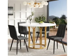 Mesa de comedor redonda - 100 x 100 x 74 cm - Patas de metal - diseño mármol - MDF + Metal - dorado