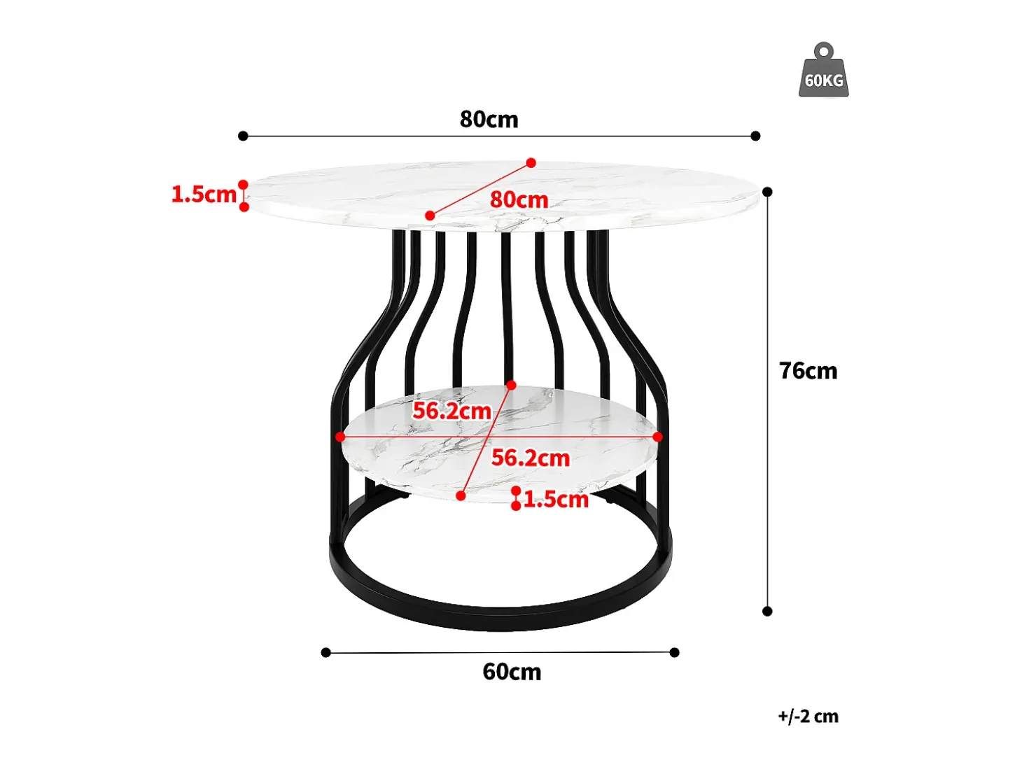 Mesa de comedor redonda - Estructura de metal - Chapado con diseño de mármol - 4 personas - con bandeja de almacenamiento - Blanco y Negro
