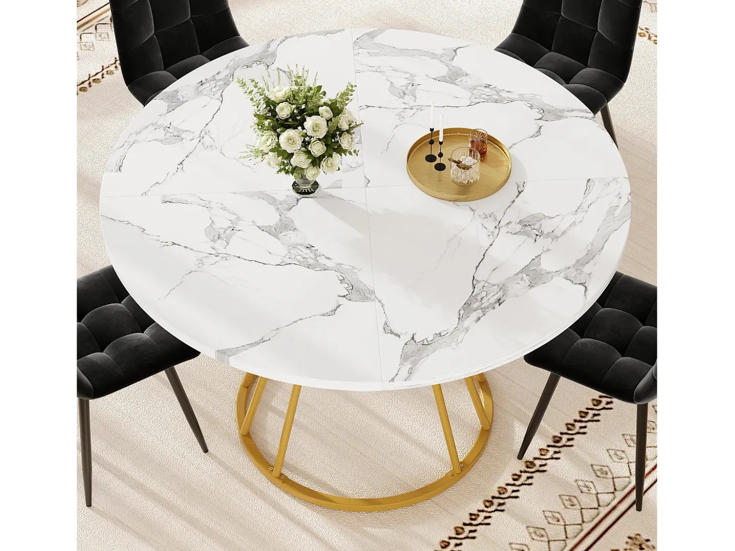 Mesa de comedor redonda - mesa de cocina - 100x100x76cm - patas de metal - Estilo moderno - motivo mármol - dorado