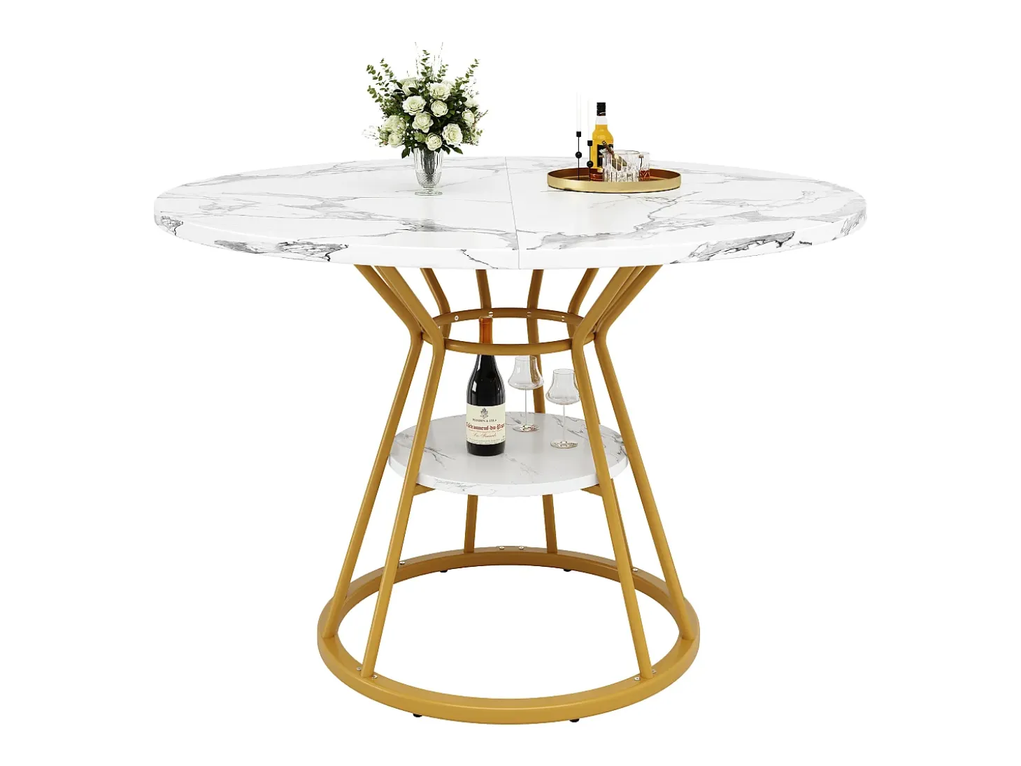 Mesa de comedor redonda - mesa de cocina - 100x100x76cm - patas de metal - Estilo moderno - motivo mármol - dorado