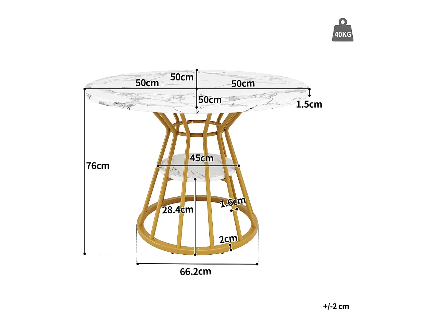 Mesa de comedor redonda - mesa de cocina - 100x100x76cm - patas de metal - Estilo moderno - motivo mármol - dorado