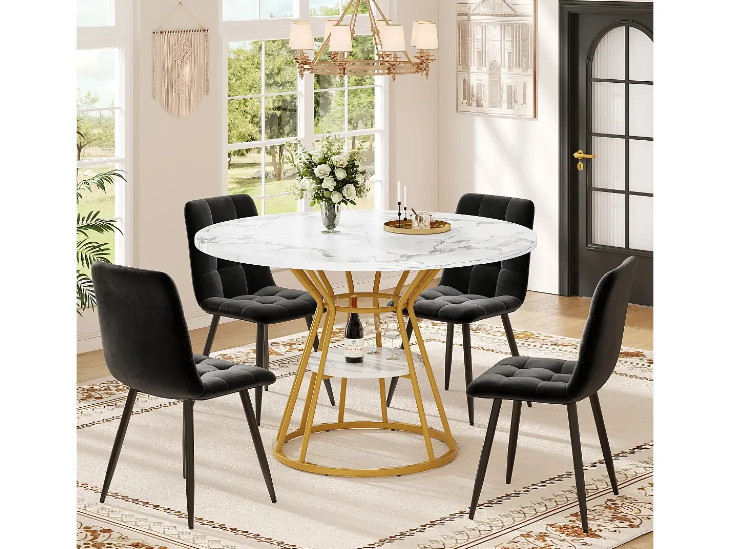 Mesa de comedor redonda - mesa de cocina - 100x100x76cm - patas de metal - Estilo moderno - motivo mármol - dorado