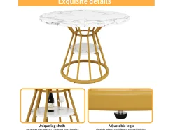 Mesa de comedor redonda - mesa de cocina - 100x100x76cm - patas de metal - Estilo moderno - motivo mármol - dorado