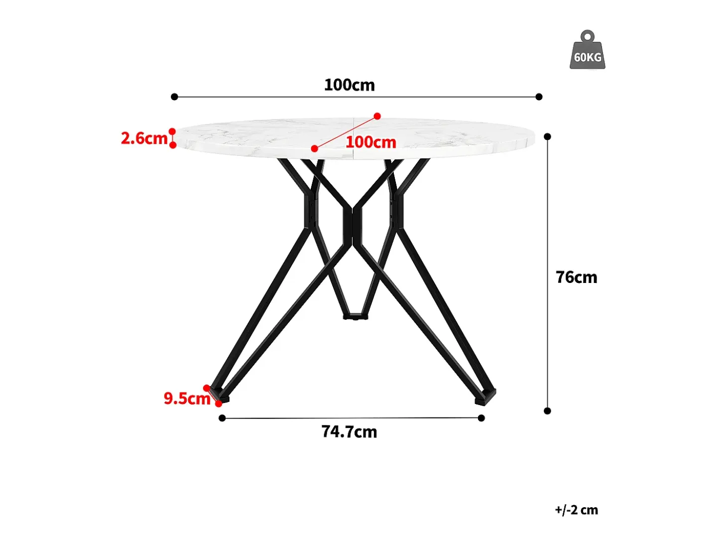 Mesa de comedor redonda - Patas cruzadas - Chapado con diseño de mármol - 4 personas - MDF - Blanco y Negro