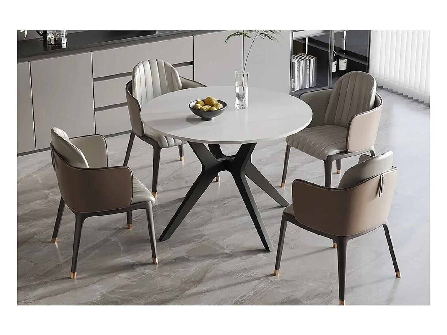 Mesa de comedor redonda ARVENA – 110 cm – Tablero de piedra sinterizada – Color blanco – Diseño metálico elegante