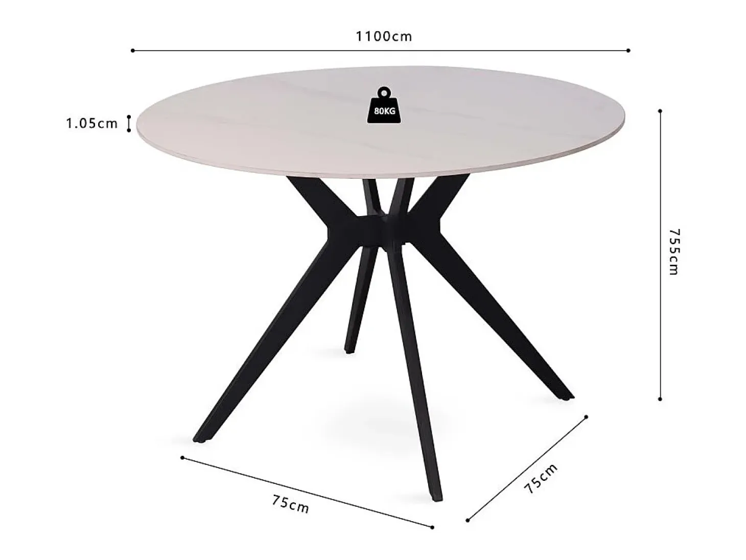 Mesa de comedor redonda ARVENA – 110 cm – Tablero de piedra sinterizada – Color blanco – Diseño metálico elegante