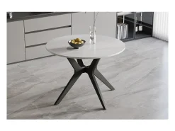 Mesa de comedor redonda ARVENA – 110 cm – Tablero de piedra sinterizada – Color blanco – Diseño metálico elegante