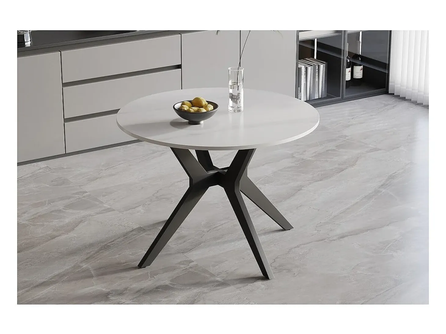 Mesa de comedor redonda ARVENA – 110 cm – Tablero de piedra sinterizada – Color blanco – Diseño metálico elegante