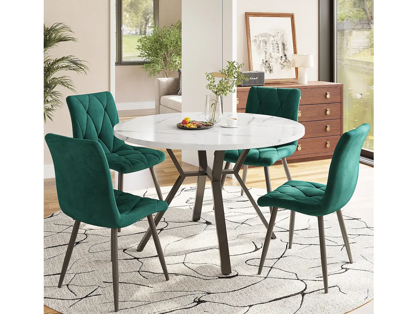 Mesa de comedor redonda blanca - Mesa de comedor con soporte de metal en forma de X y reposapiés negro - para comedor y sala de estar
