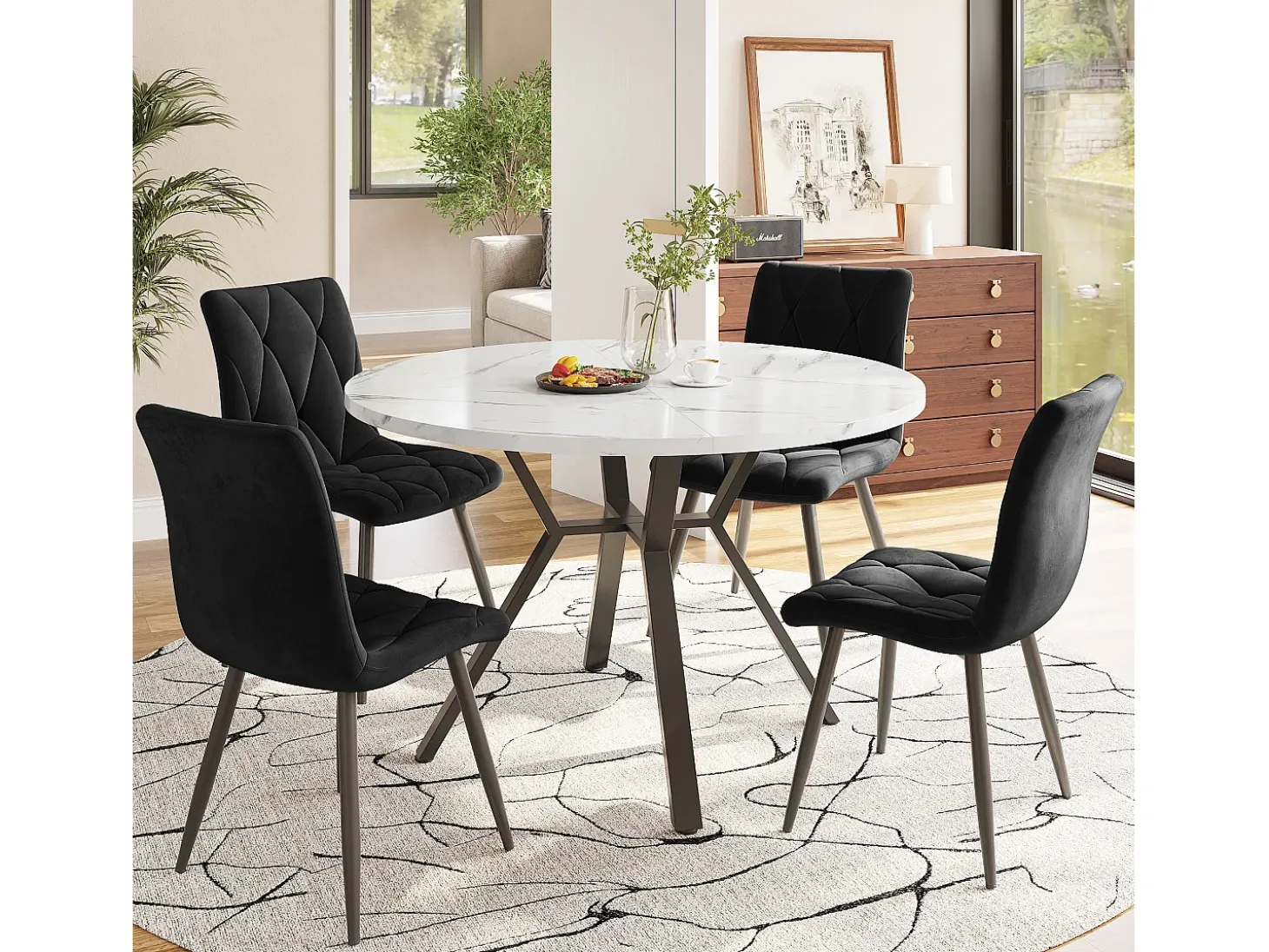 Mesa de comedor redonda blanca - Mesa de comedor con soporte de metal en forma de X y reposapiés negro - para comedor y sala de estar