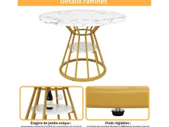 Mesa de comedor redonda con tablero efecto mármol - Patas de metal dorado - Blanco