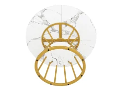 Mesa de comedor redonda con tablero efecto mármol - Patas de metal dorado - Blanco