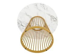 Mesa de comedor redonda con tablero chapado en mármol blanco y patas centrales de metal dorado - 80x80x76cm