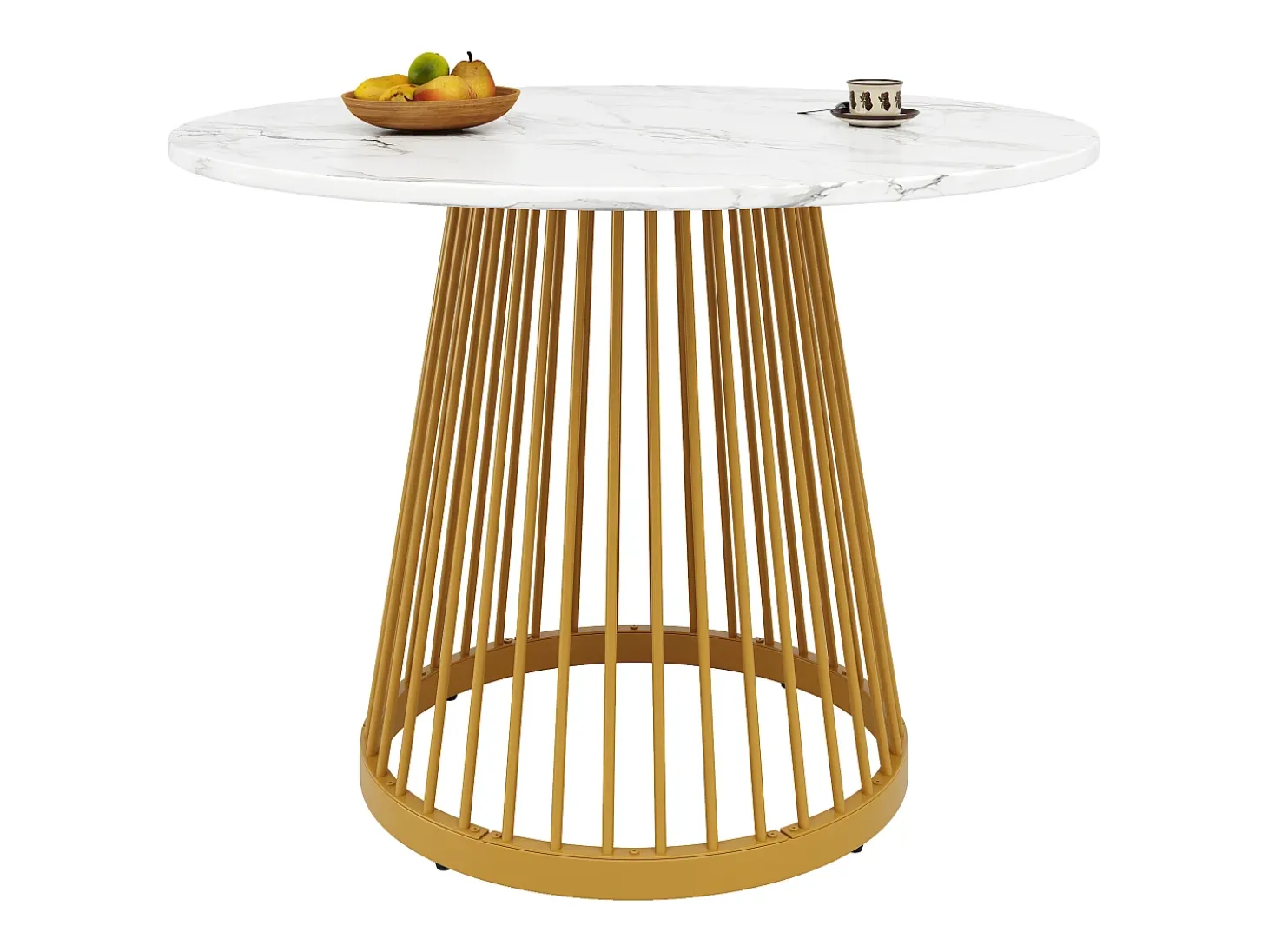 Mesa de comedor redonda con tablero chapado en mármol blanco y patas centrales de metal dorado - 80x80x76cm