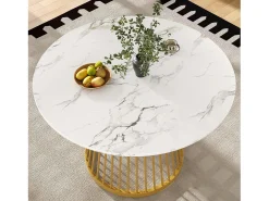 Mesa de comedor redonda con tablero chapado en mármol blanco y patas centrales de metal dorado - 80x80x76cm