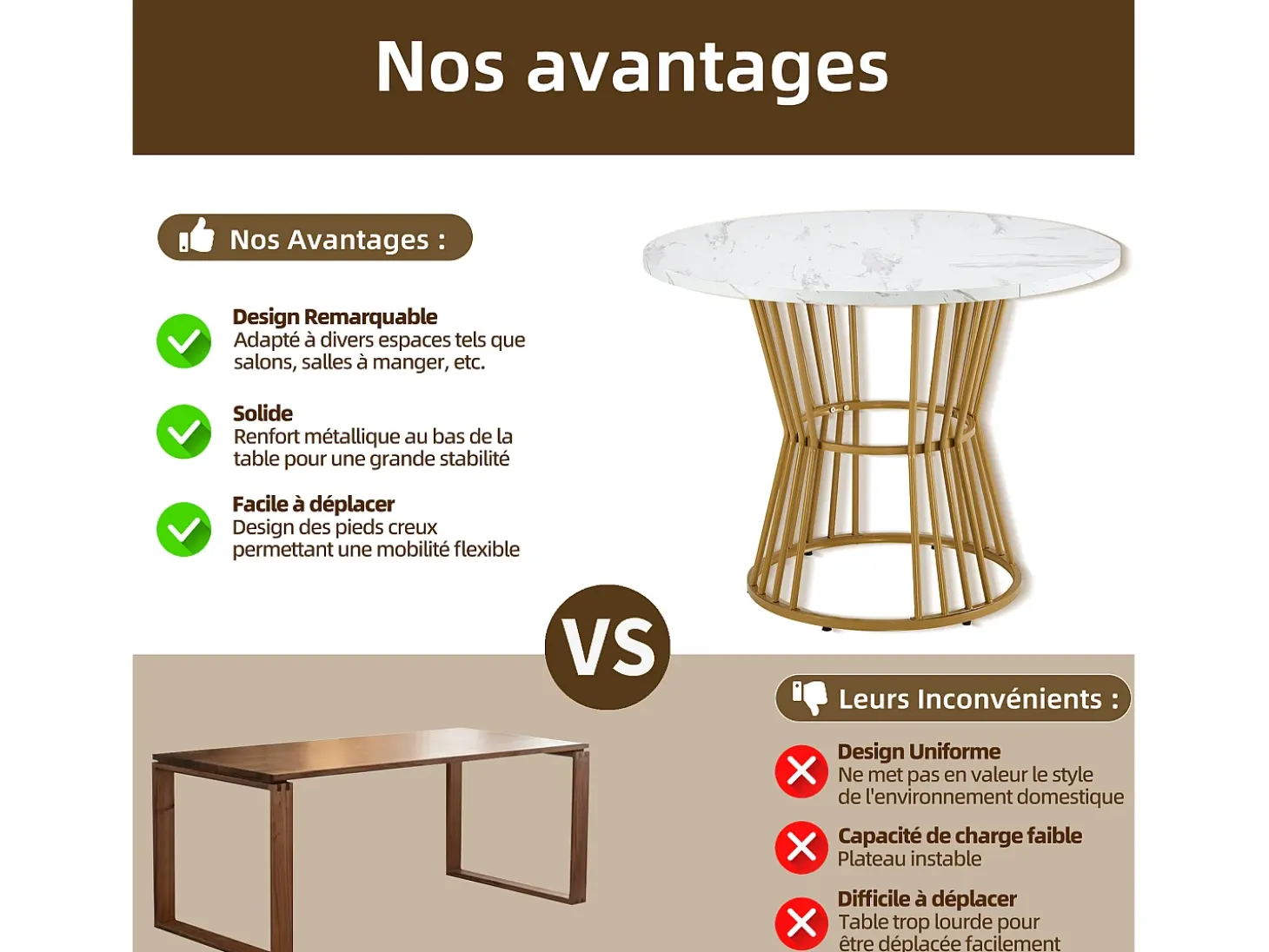 Mesa de comedor redonda con tablero chapado en mármol blanco y patas centrales de metal dorado - 100x100x75cm