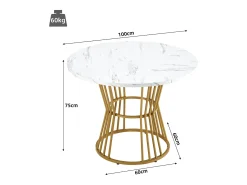 Mesa de comedor redonda con tablero chapado en mármol blanco y patas centrales de metal dorado - 100x100x75cm