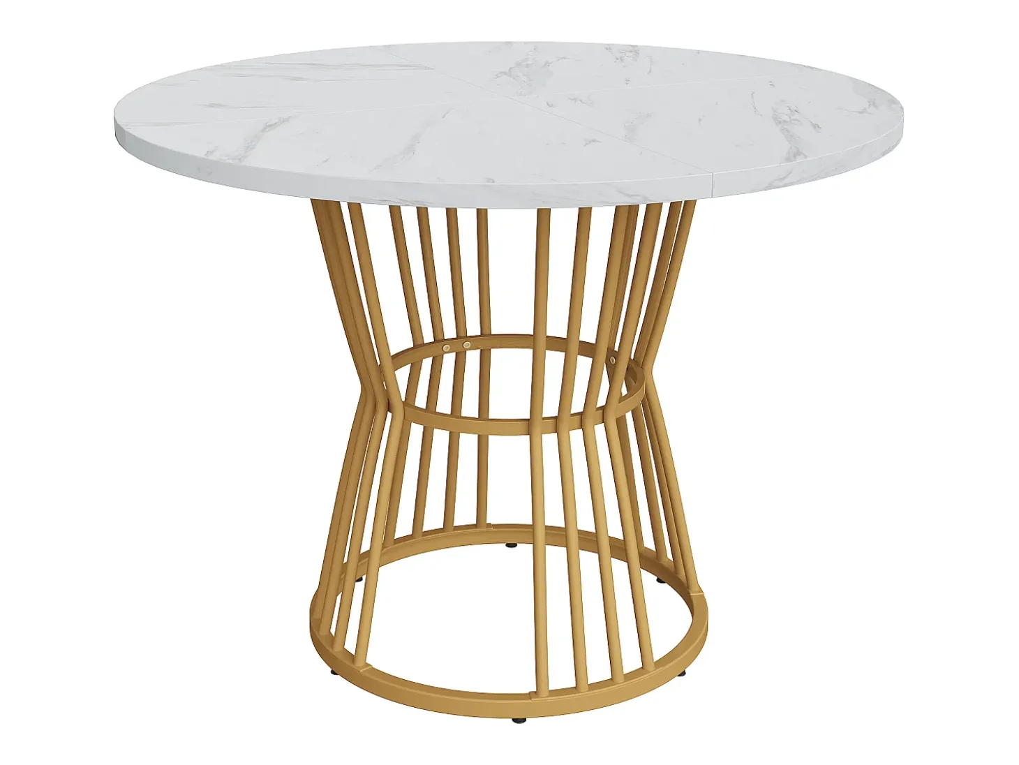 Mesa de comedor redonda con tablero chapado en mármol blanco y patas centrales de metal dorado - 100x100x75cm