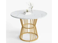 Mesa de comedor redonda con tablero chapado en mármol blanco y patas centrales de metal dorado - 100x100x75cm