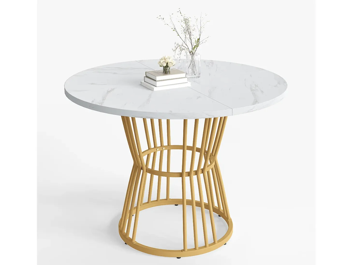 Mesa de comedor redonda con tablero chapado en mármol blanco y patas centrales de metal dorado - 100x100x75cm