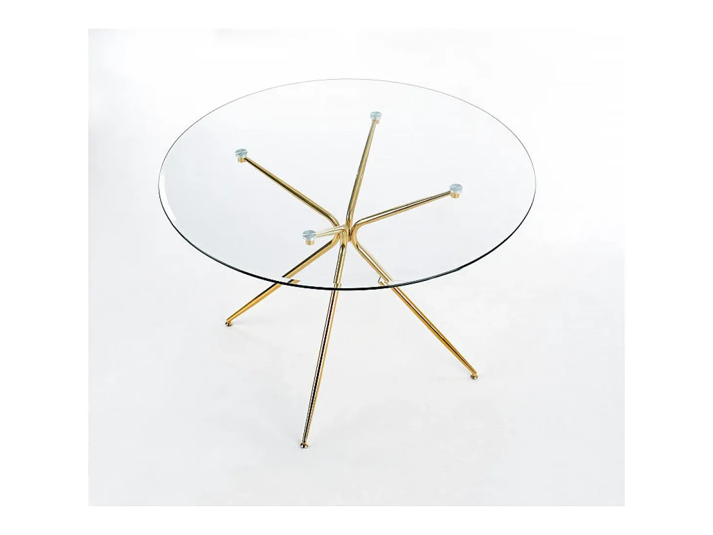 Mesa de comedor redonda con tapa de cristal de 110 cm y pata Around de metal dorado