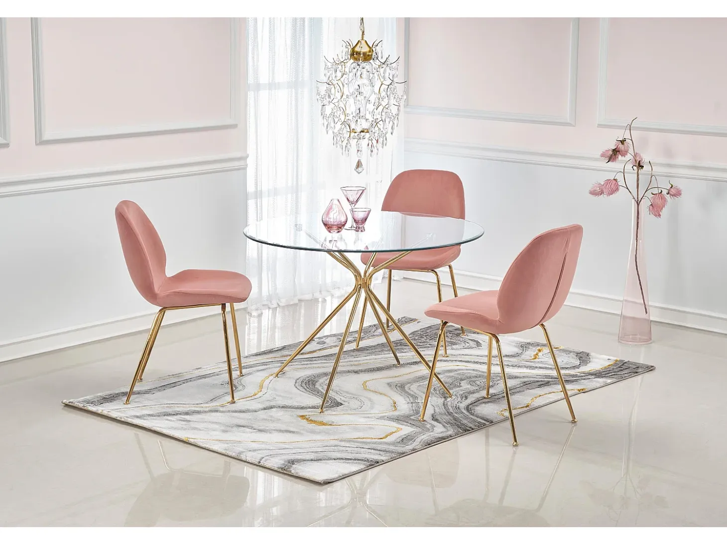 Mesa de comedor redonda con tapa de cristal de 110 cm y pata Around de metal dorado