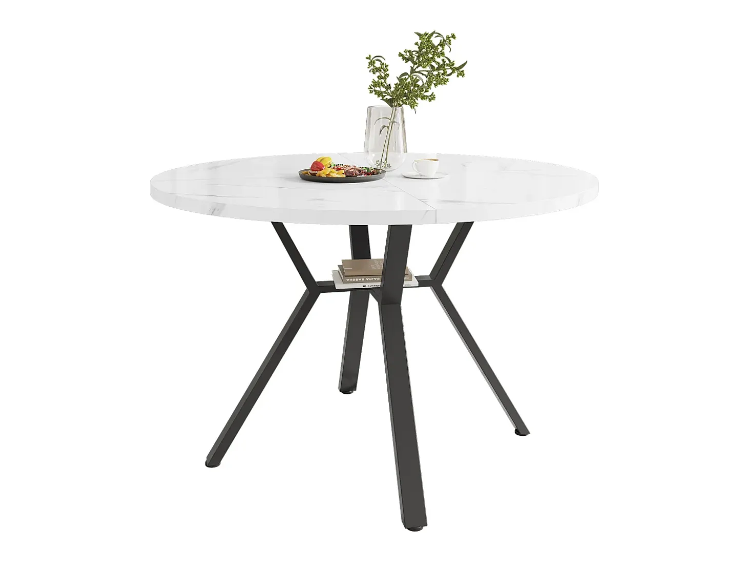 Mesa de comedor redonda con tablero de MDF efecto mármol y patas de metal negro - para comedor y salón