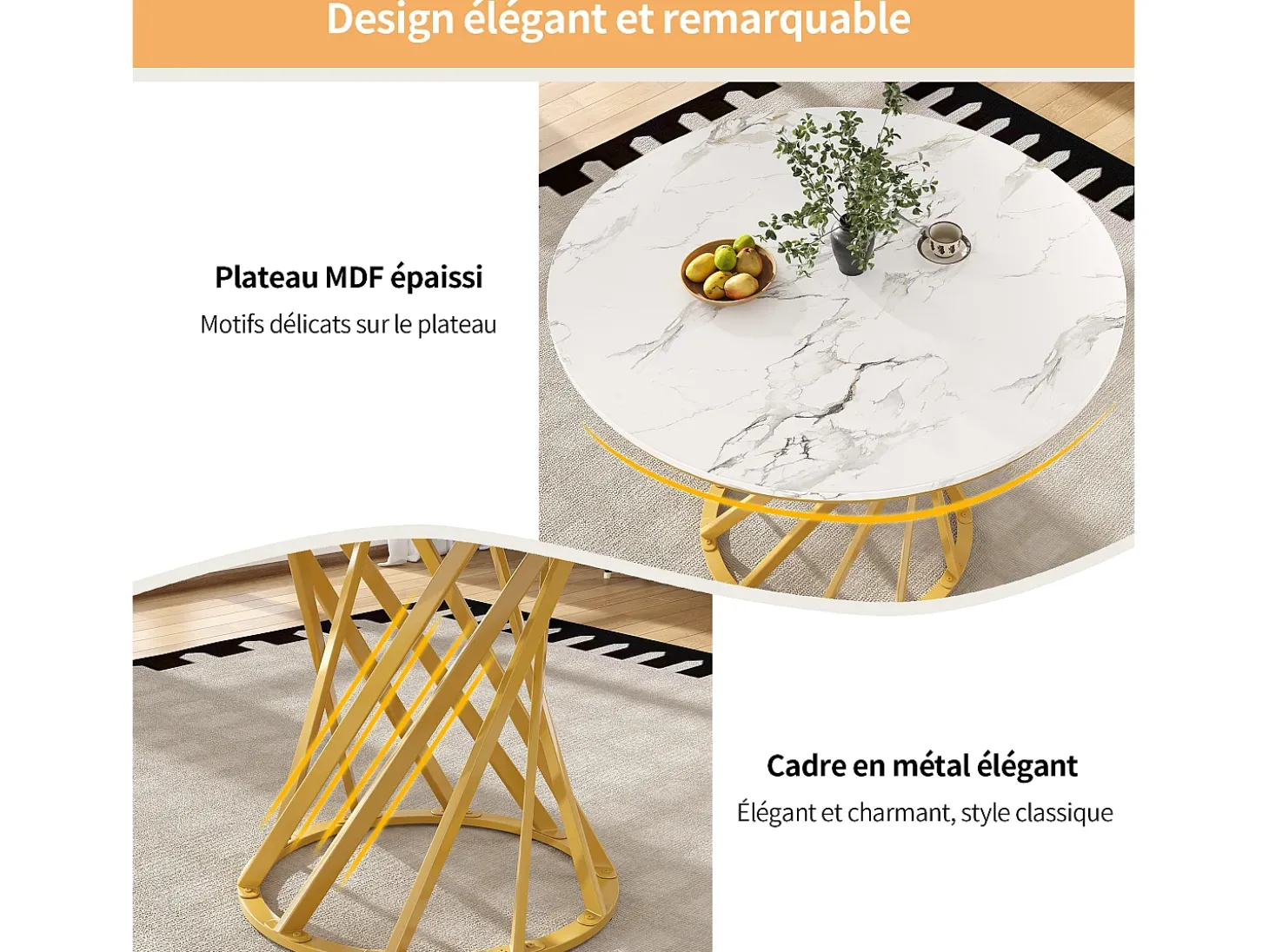 Mesa de comedor redonda con tablero chapado en mármol blanco y patas en espiral de metal dorado - 80x80x76cm