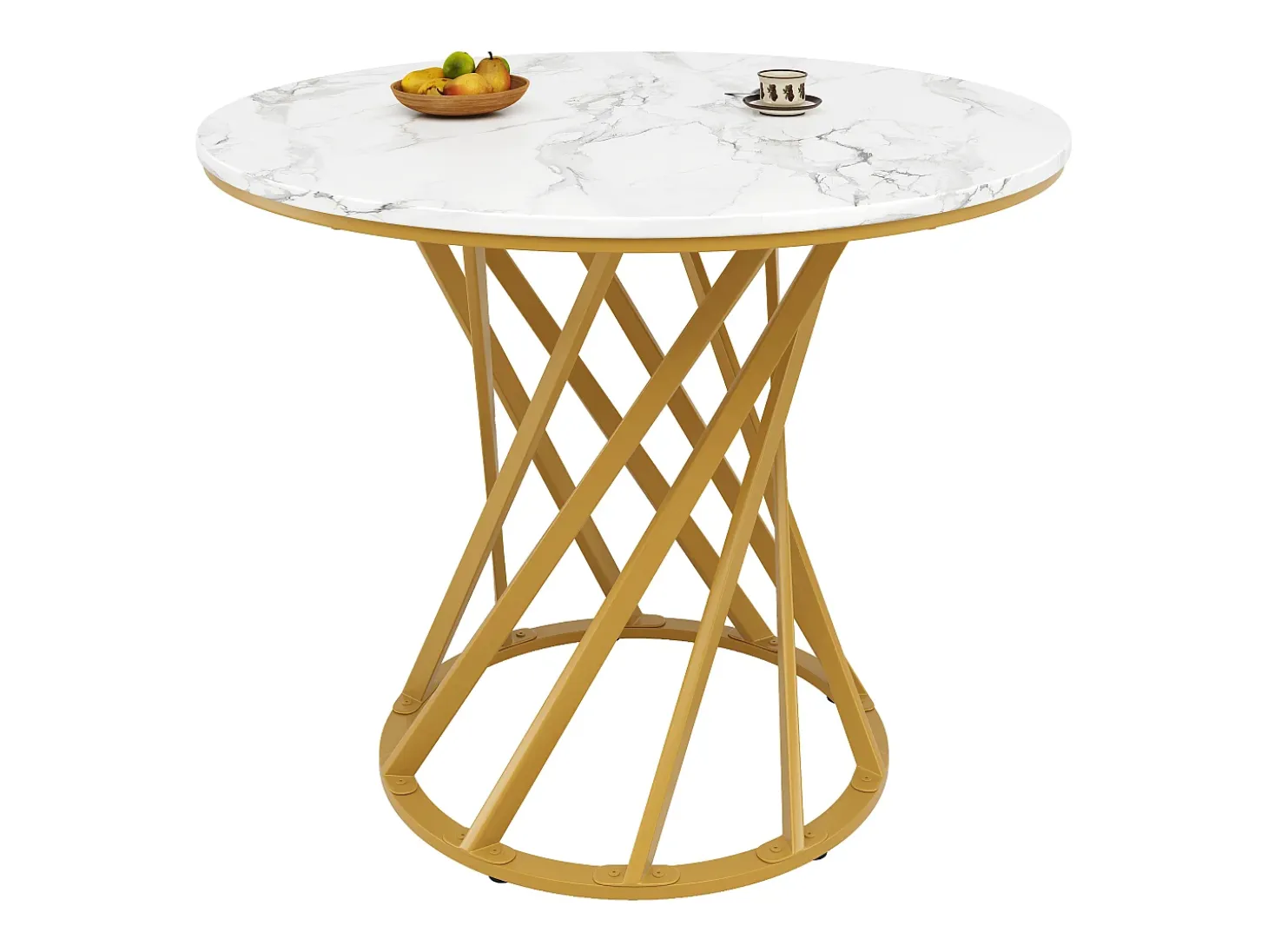 Mesa de comedor redonda con tablero chapado en mármol blanco y patas en espiral de metal dorado - 80x80x76cm