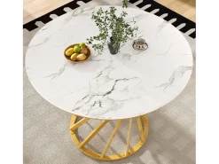 Mesa de comedor redonda con tablero chapado en mármol blanco y patas en espiral de metal dorado - 80x80x76cm