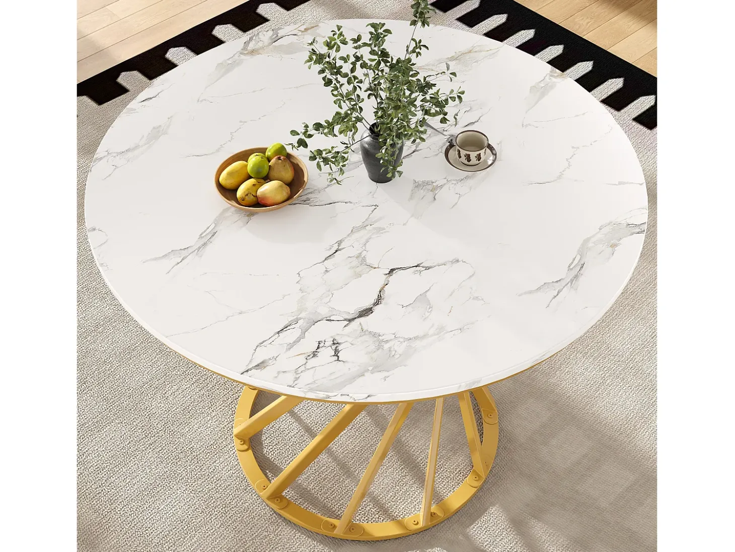 Mesa de comedor redonda con tablero chapado en mármol blanco y patas en espiral de metal dorado - 80x80x76cm