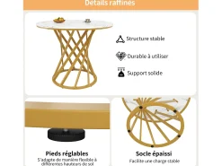 Mesa de comedor redonda con tablero chapado en mármol blanco y patas en espiral de metal dorado - 80x80x76cm