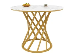 Mesa de comedor redonda con tablero chapado en mármol blanco y patas en espiral de metal dorado - 80x80x76cm