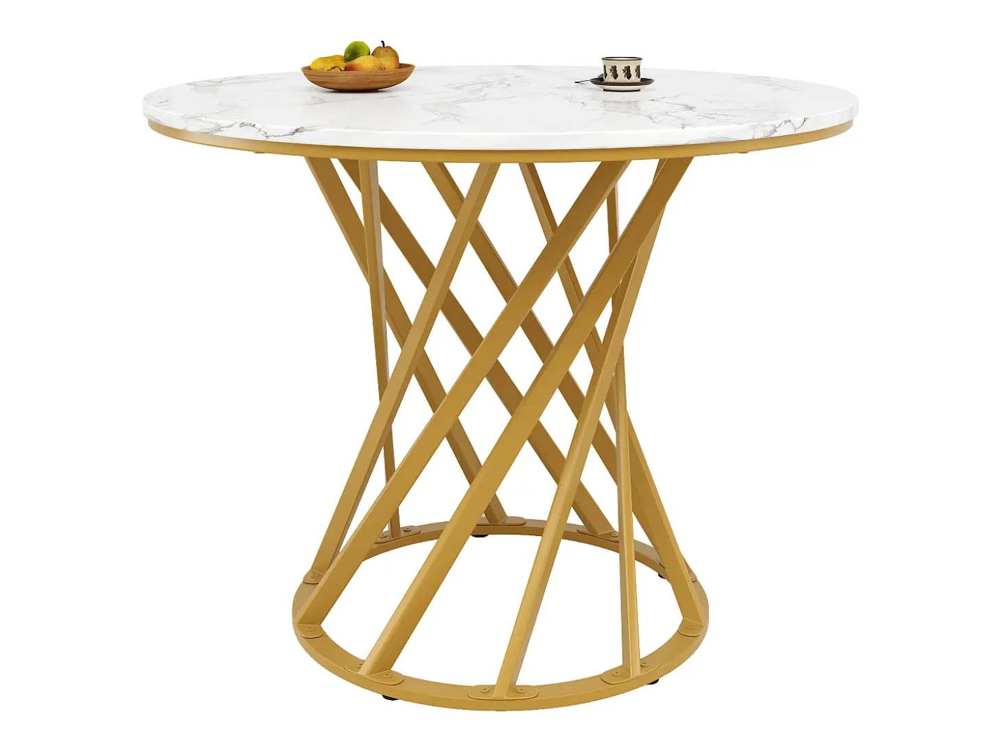 Mesa de comedor redonda con tablero chapado en mármol blanco y patas en espiral de metal dorado - 80x80x76cm