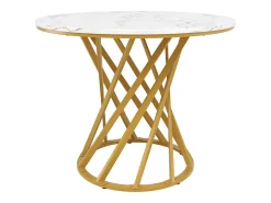 Mesa de comedor redonda con tablero chapado en mármol blanco y patas en espiral de metal dorado - 80x80x76cm