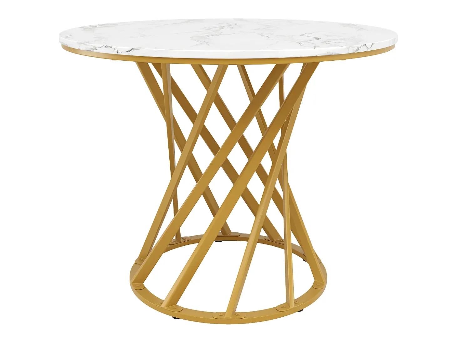 Mesa de comedor redonda con tablero chapado en mármol blanco y patas en espiral de metal dorado - 80x80x76cm