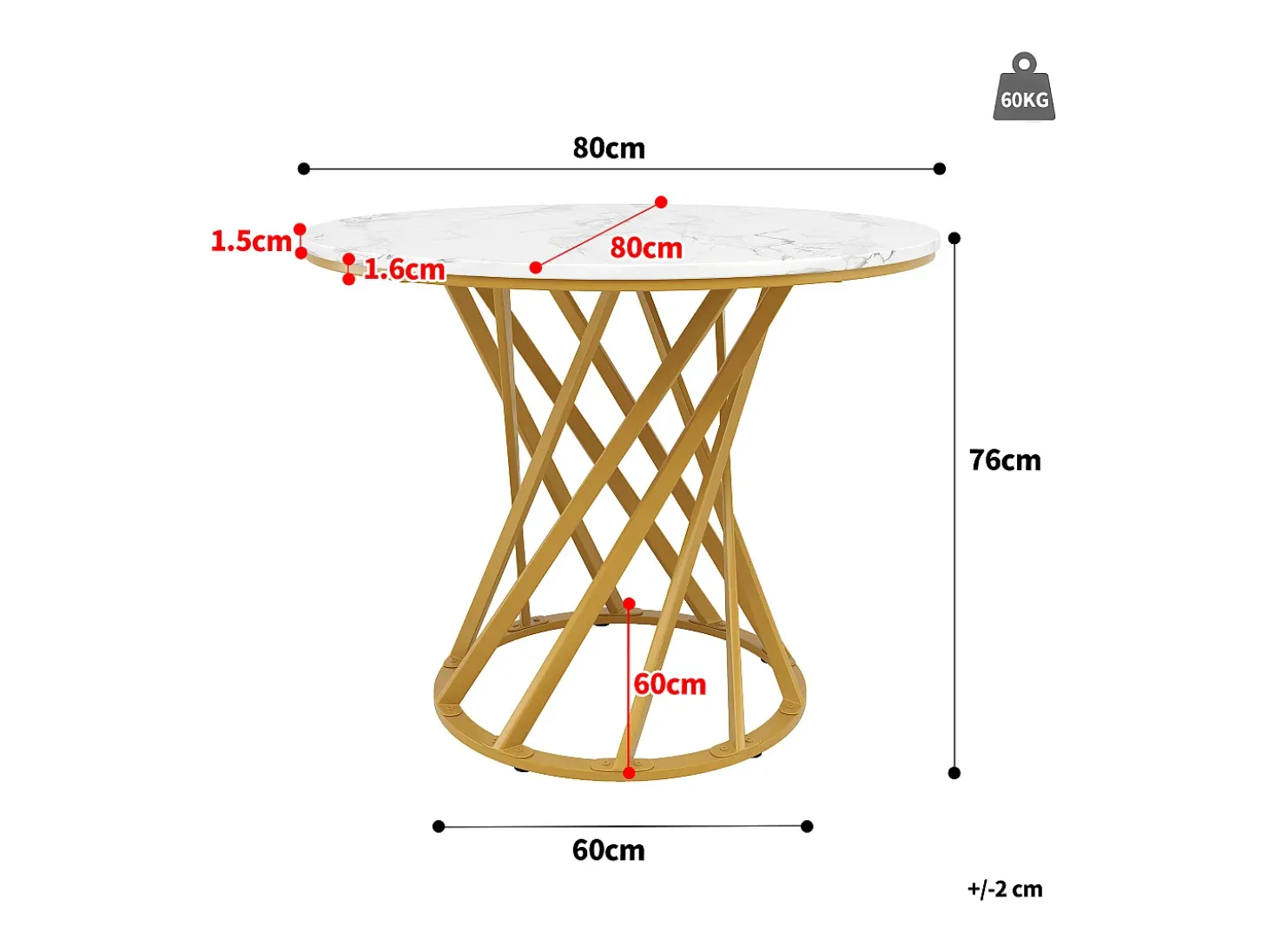 Mesa de comedor redonda con tablero chapado en mármol blanco y patas en espiral de metal dorado - 80x80x76cm