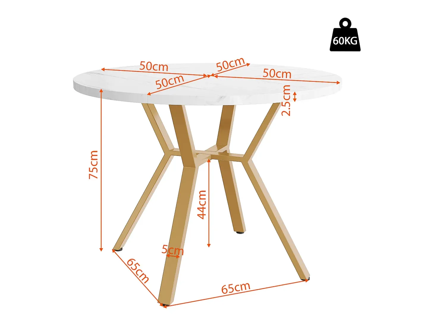 Mesa de comedor redonda con tablero de MDF efecto mármol y patas de metal dorado - para comedor y salón