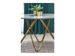 Mesa de comedor redonda con tablero de aspecto mármol y estructura de acero dorado Break