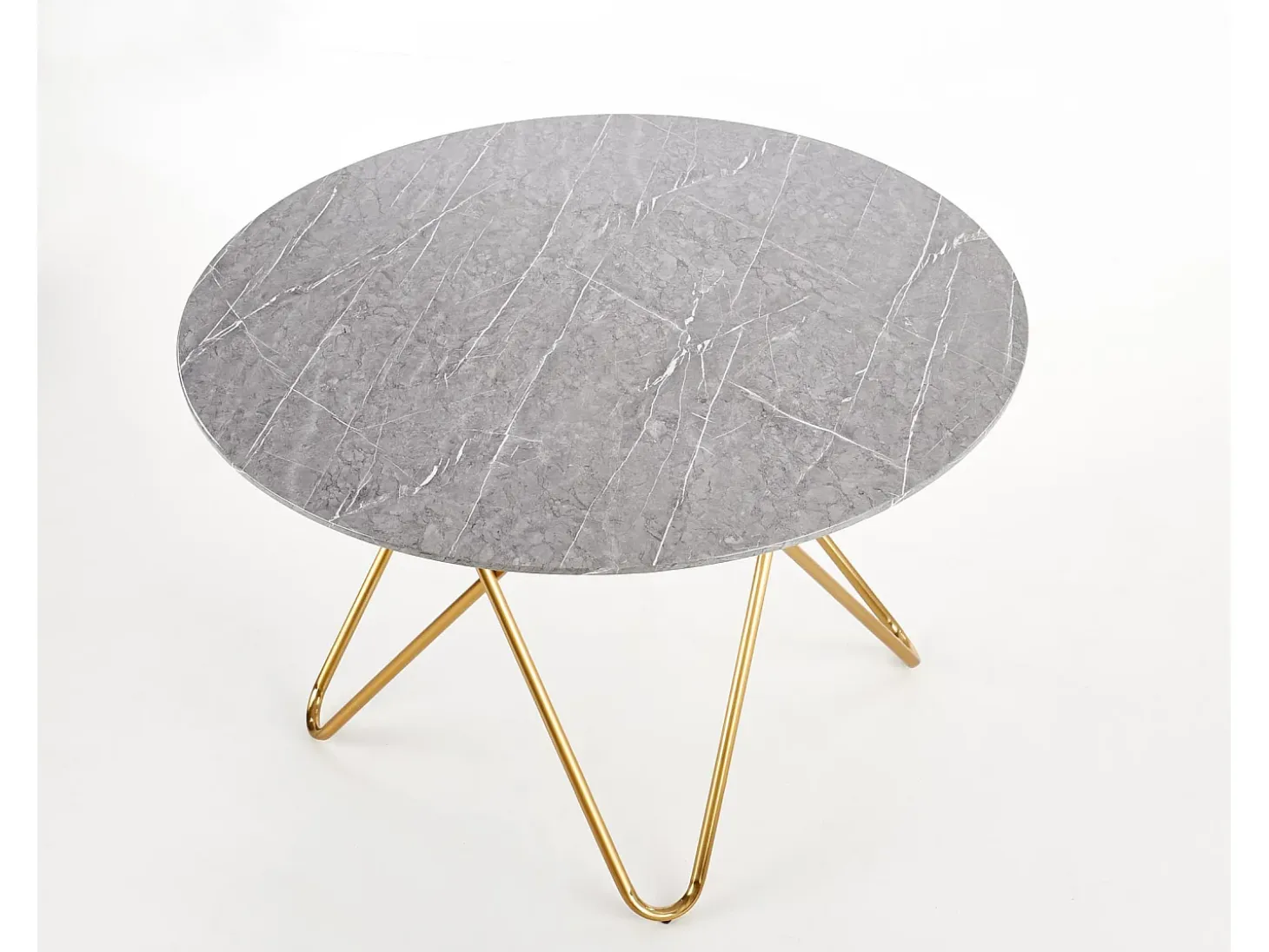 Mesa de comedor redonda con tablero de aspecto mármol y estructura de acero dorado Break