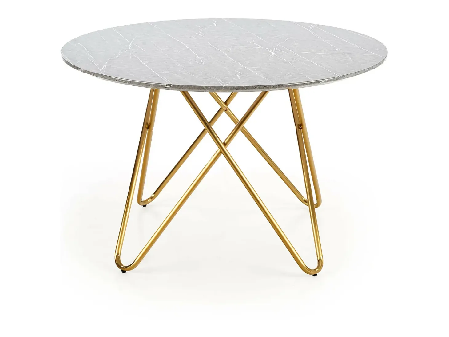 Mesa de comedor redonda con tablero de aspecto mármol y estructura de acero dorado Break