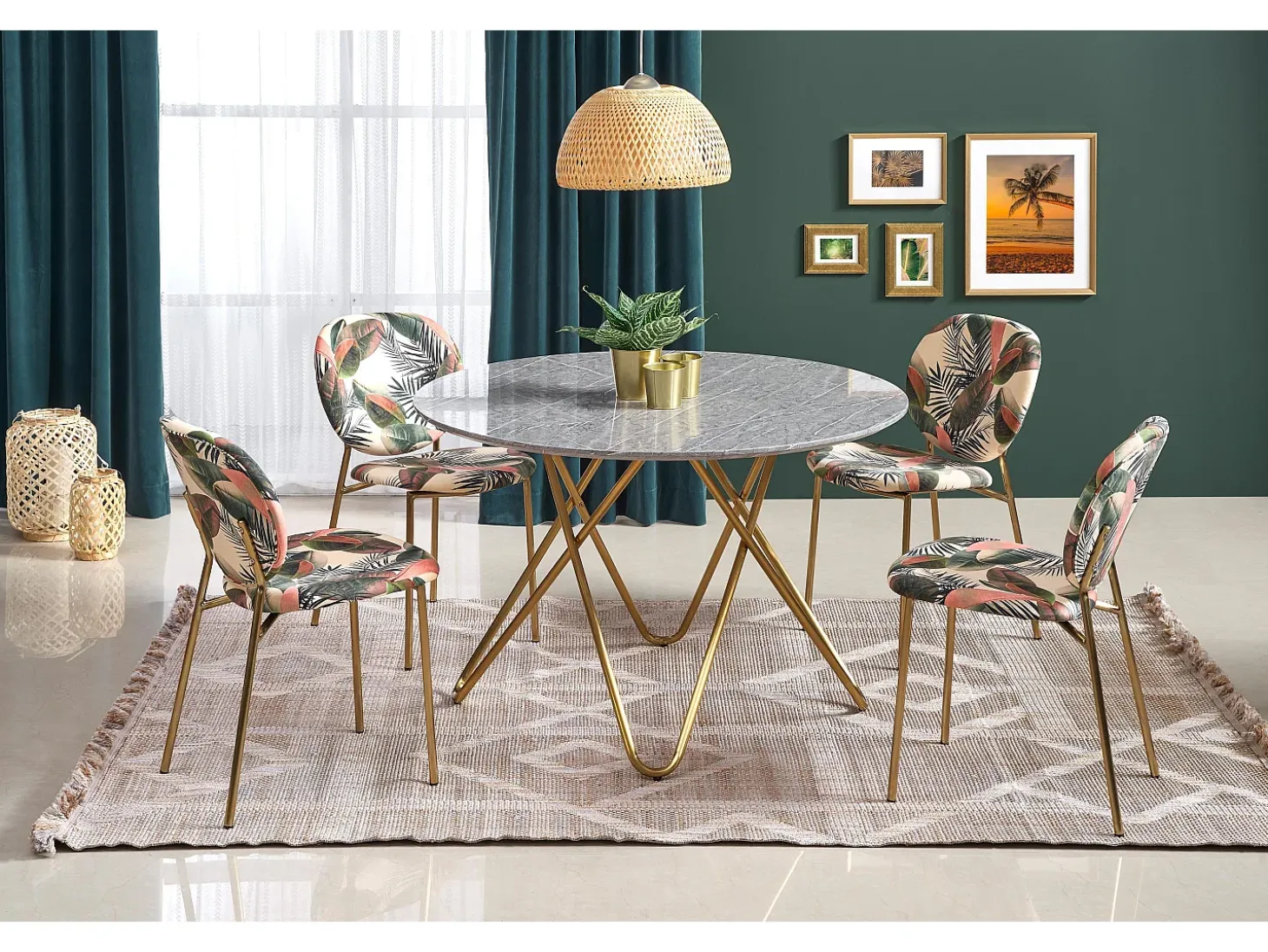 Mesa de comedor redonda con tablero de aspecto mármol y estructura de acero dorado Break