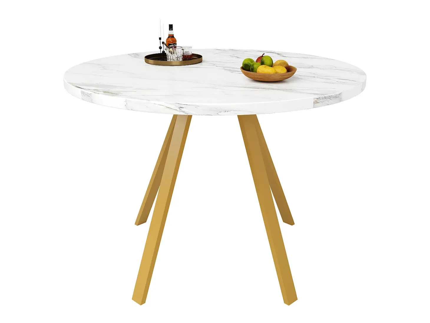 Mesa de comedor redonda, diseño elegante, MDF y metal, patas marmoladas blancas y doradas (80x80x75cm)