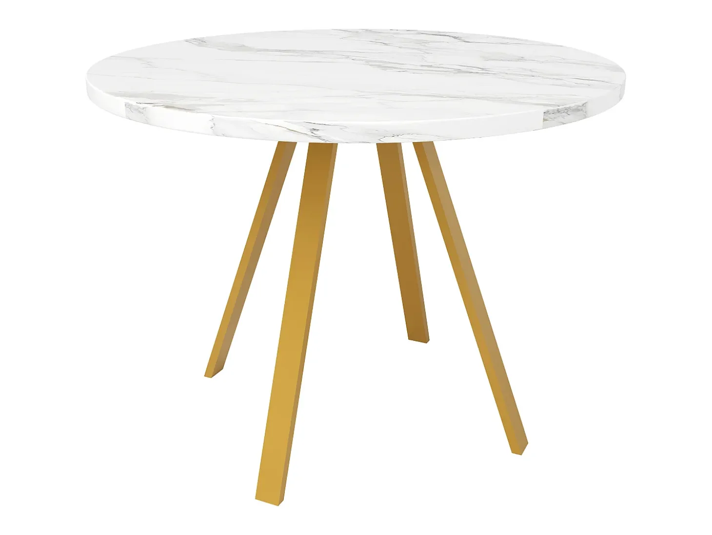 Mesa de comedor redonda, diseño elegante, MDF y metal, patas marmoladas blancas y doradas (80x80x75cm)