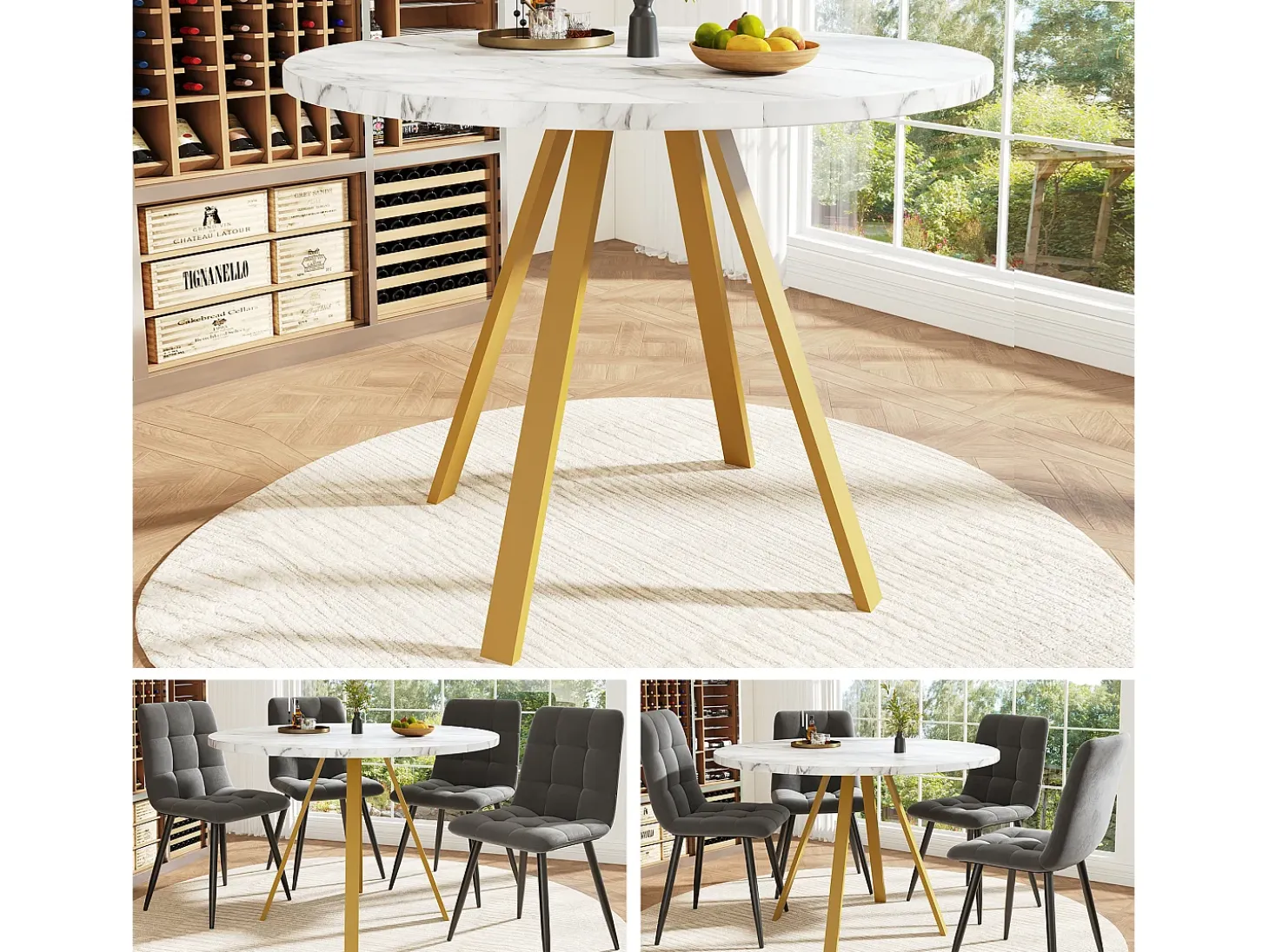 Mesa de comedor redonda, diseño elegante, MDF y metal, patas marmoladas blancas y doradas (80x80x75cm)