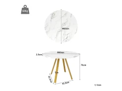Mesa de comedor redonda, diseño elegante, MDF y metal, patas marmoladas blancas y doradas (80x80x75cm)