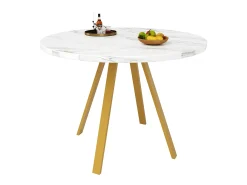 Mesa de comedor redonda, diseño elegante, MDF y metal, patas marmoladas blancas y doradas (80x80x75cm)
